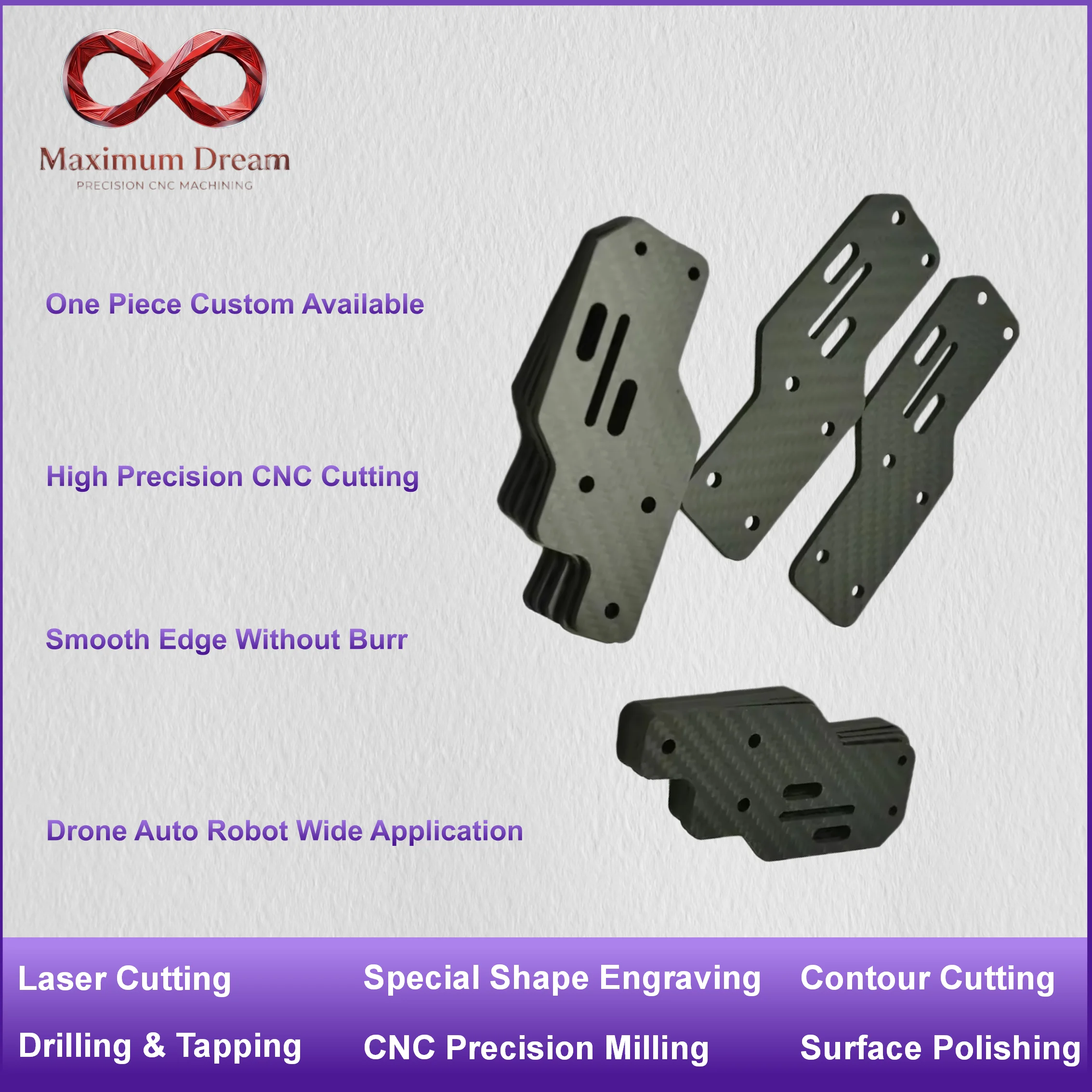 Custom 3K Carbon Fiber Plate CNC Cutting, Precision Milled Sheets Drilling Tapping for Electronic Frames, MOQ 1pc