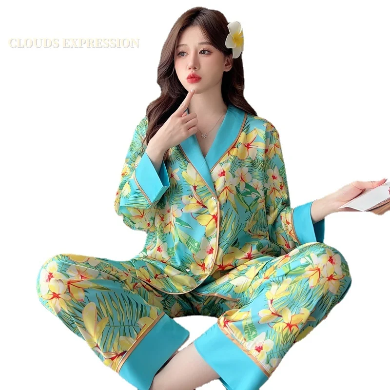 Spring Autumn Ladies Pjs Faux Silk Satin Elegant Pajama Sets Sexy Homewear Womens Casual Luxury Pajamas Pyjamas Female Sleepwear