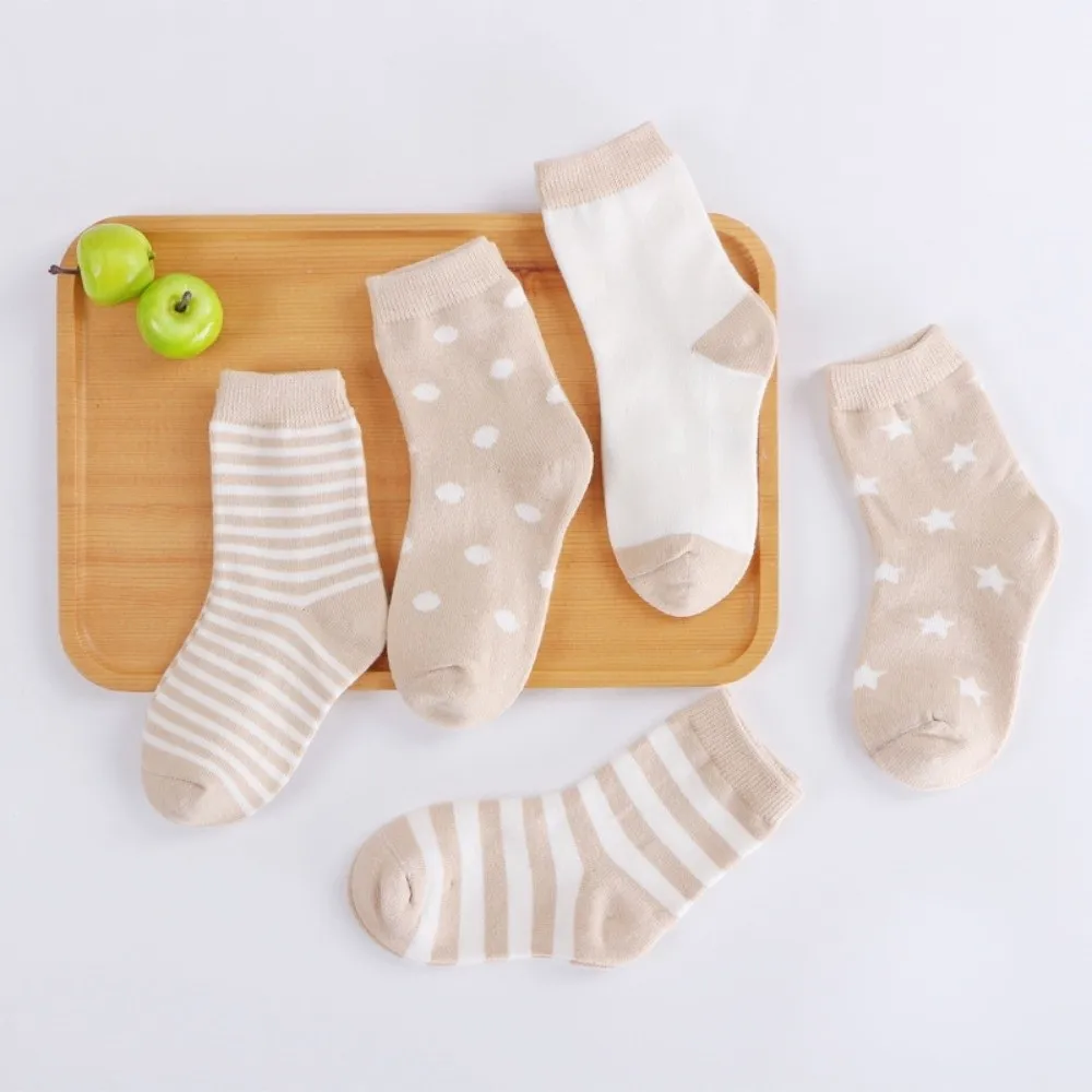 5 Pairs Classic Soft Cotton Toddler Socks Strips Spots Breathable Girls Boys Socks Autumn Winter Floor Stockings for 0-5 Years