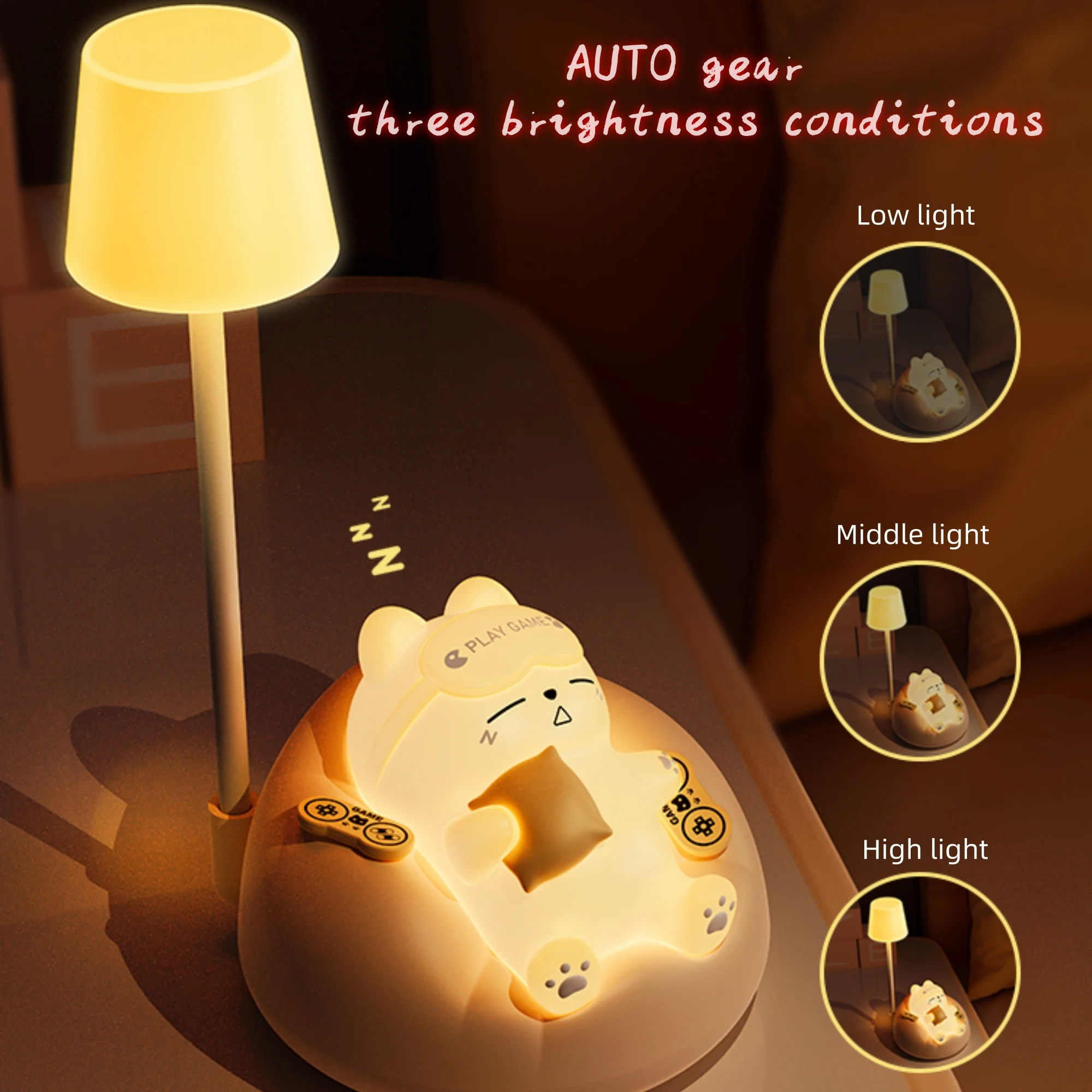 1pc sleeping cat night light, USB charging, 3-level brightness adjustment, pat light, decompression light, atmosphere light.