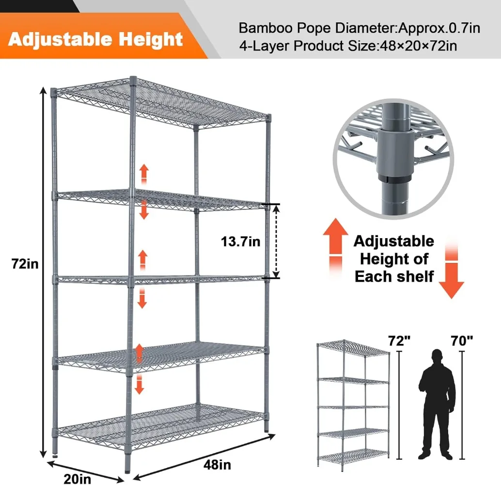 Scaffali e scaffali a 5 livelli-48" LX 20" LX 72" H Scaffali per dispensa in materiale acciaio pesante, adatti per magazzini, cucine