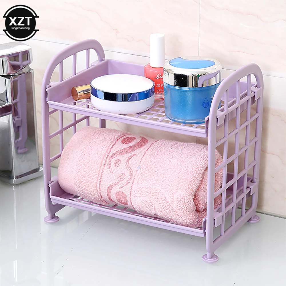 2 Layers Simple Double Layer Folding Desktop Bathroom Organizer Rack for Student Dormitory Hollow Design Skincare Storage Shelf