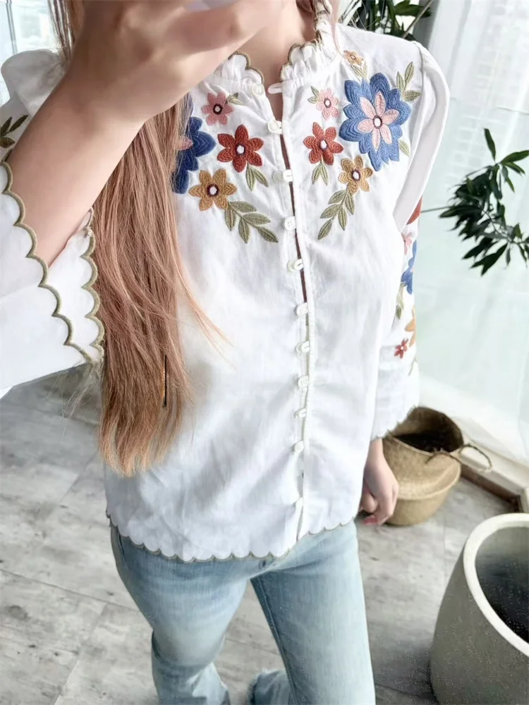 

Susan Faionable Retro Sle Long Sve Вышитый хлопок и лен круглый Ne Printed irt Женский свободный крой Дышащий удобный...