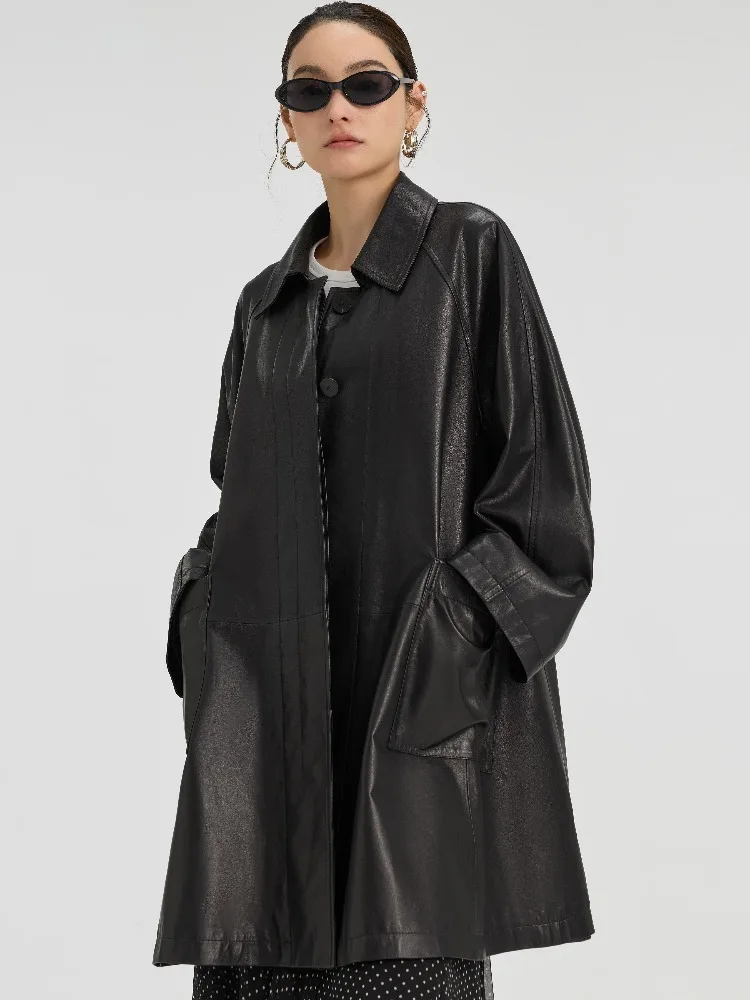 

High Quality Natural Sheepskin Jacket Women Ultra-thin Vegetable Tanned Medium-length Leather Jacket Loose Lapel Sheepskin Coat