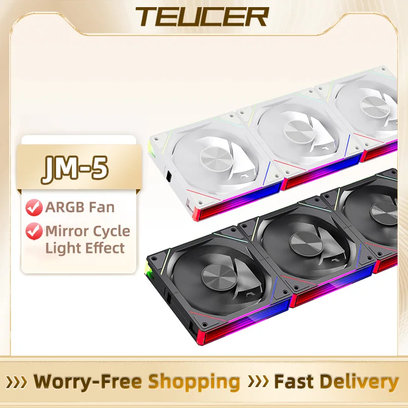 TEUCER JM-5 Case Fan 120mm 5V 3Pin ARGB Mirror Light Effect Cooling Fan PWM 800 to 2000RPM CD Texture Water Cooling Radiator Fan