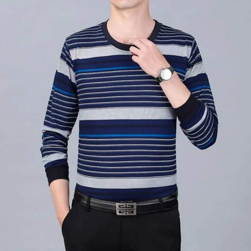 Korean Fashion Men Bottoming Striped T-shirt Spring Autumn New Male Clothes Round Neck Loose Casual Long Sleeve Pullover Tops