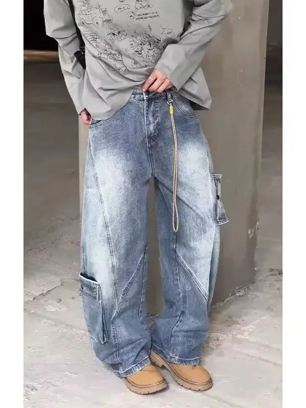 

Retro American Decosed Knife Jeans Men's Loose Wide Leg Pants High Street Sle Casual Cotton Polyester Blend Denim