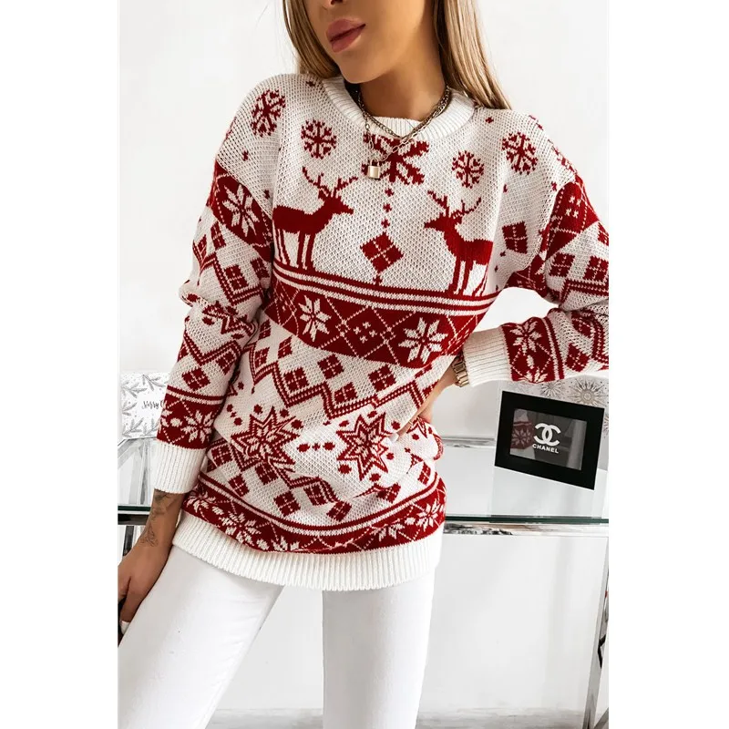 

Women Christmas Deer Print Sweater Pullover Loose Fit Long Sleeve Versatile Knitted Top