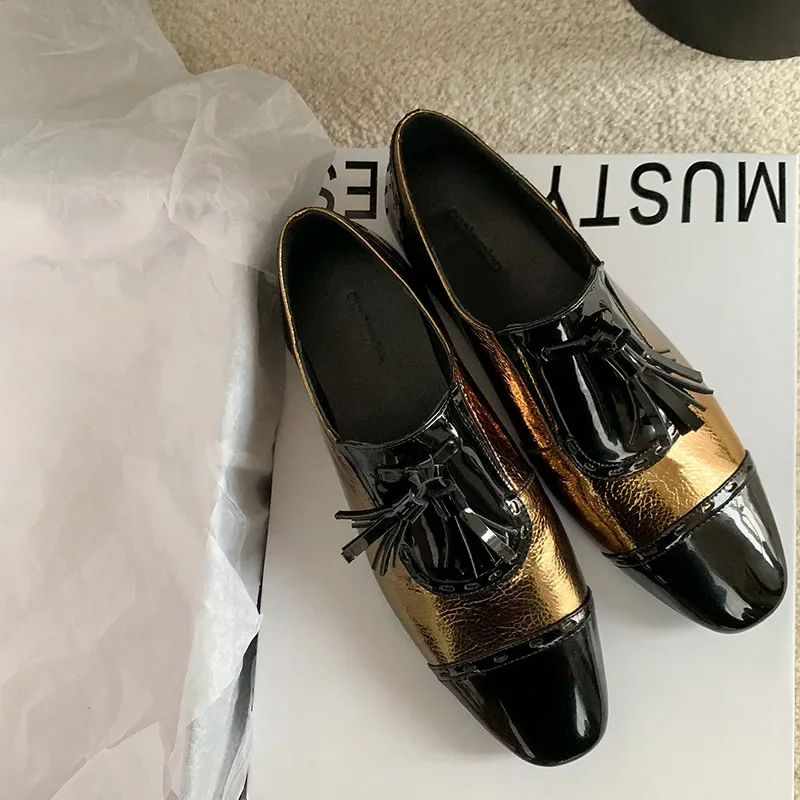 รอบ Toe Fringe ปั๊มต่ํา Chunky Heel ผสมสี SLIP-ON Casual Office เดินทาง Loafers วัวหนังฤดูใบไม้ผลิฤดูใบไม้ร่วงผู้หญิงรองเท้า