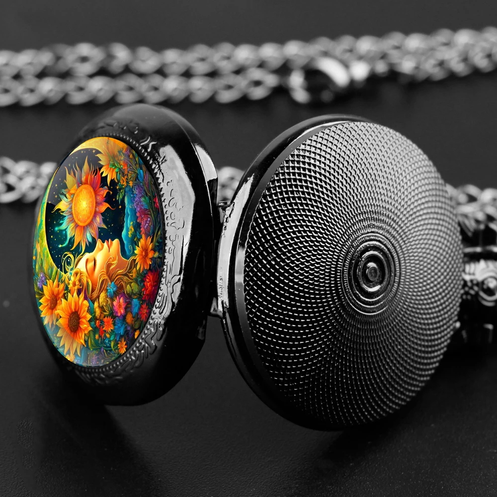 Orologio da tasca al quarzo nero con cupola in vetro della dea del girasole con quadrante con numeri arabi e catena resistente, regalo per uomini e donne