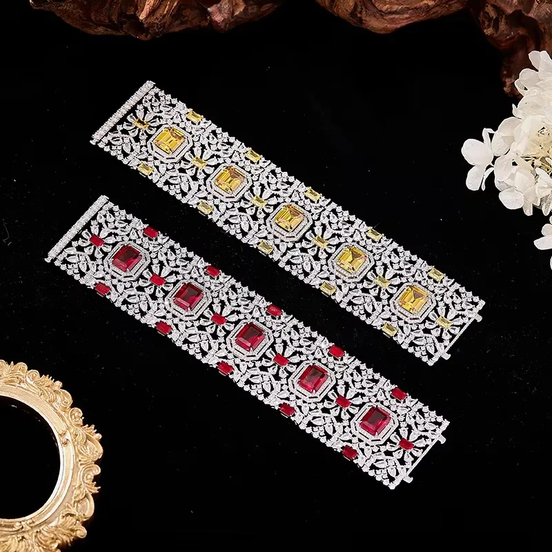 Vintage Fashion Style 4 Colors Wide Chain Bracelet Women Lady Inlay Pear Cubic Zircon Synthetic Gemstone Hollow Out Party Bangle
