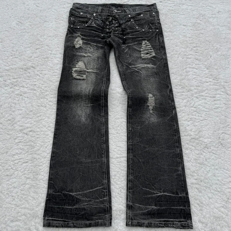 HOUZHOU Y2K Gothic Ripped Black Straight Jeans Women Harajuku Bandage Rivet Baggy Pants Punk Wide Leg Denim Pant Streetwear