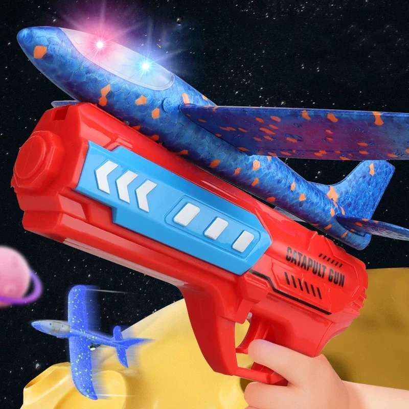 Kids Airplane Launcher Toys 13.2'' LED Foam Glider Catapult Gun Plane for Children Outdoor Flying Toys Birthday Gifts for Boys