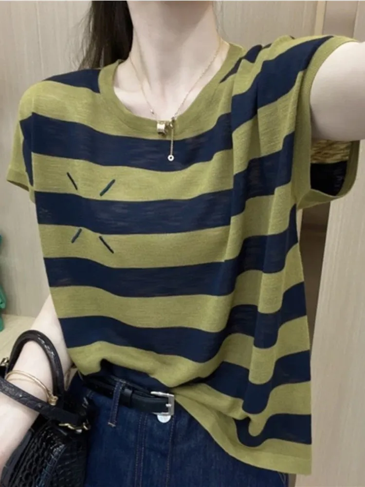 

Женская свободная футболка больших размеров в полоску для похудения из ледяного шелка ort Sve, трикотажная тонкая летняя модная футболка с базовым слоем irt