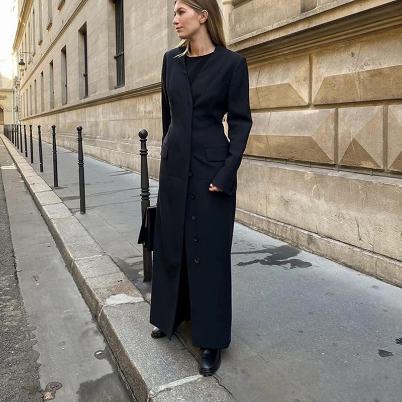 Chaqueta de longitud media con botonadura única para mujer, abrigo de temperamento negro, versátil y a la moda, otoño e invierno, 2024