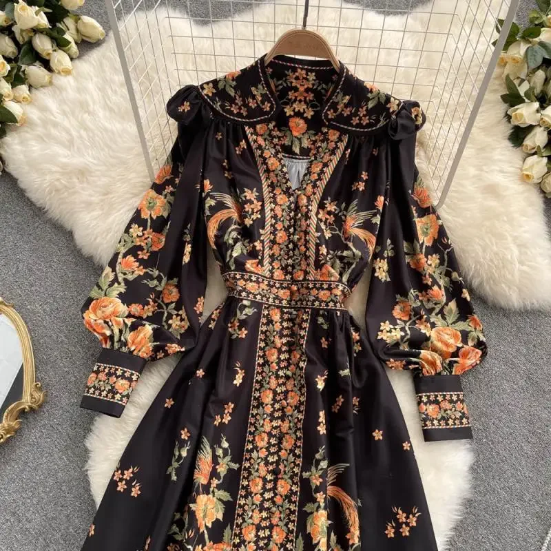 Dress Autumn Vintage Chiffon Single Breasted Lady Full Dress A Line V Neck Puff Sleeve Mid-Calf Women Dresses Vestido Y2k Dress