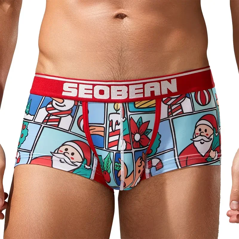 Festive Men Boxer Briefs Christmas New Year Theme Pattern Comfort Breathable Male Flat‑Angle Underwear