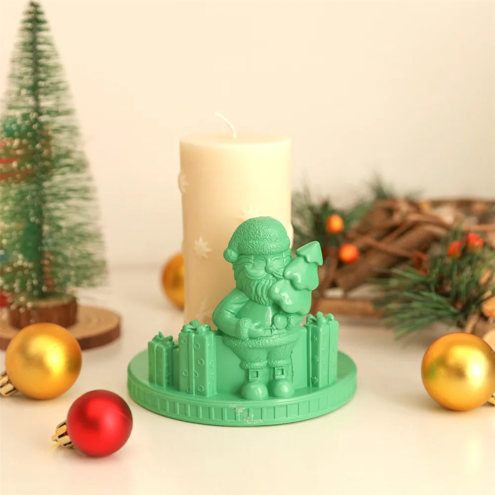 Santa Claus Pillar Candle Holder Silicone Molds for Cement Handmade Christmas Tray Concrete Jesmonite Moild Christmas Home Decor