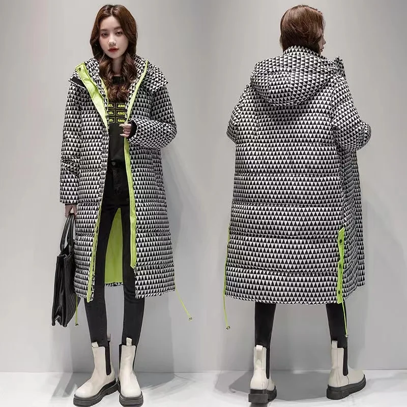 Dames Winter Contrasterende Kleuren Capuchon Mode Casual Dons Katoenen Dikke Jas Warme Parka \'S Winddichte Dames Lange Overjas