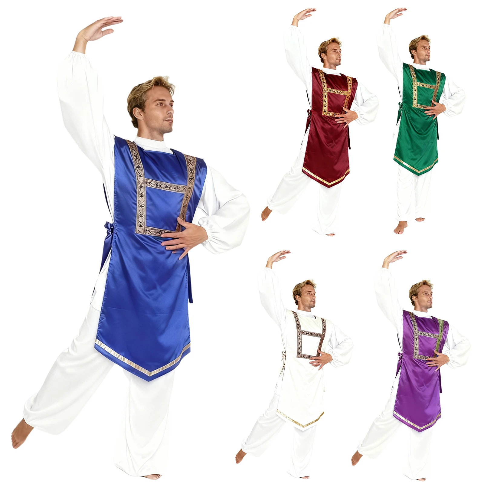 Men Praise Worship Church Choir Liturgical Lyrical Dance Tunic Robe Sleeveless Sides Lace-Up Satin Pullover Tank Top Dancewear