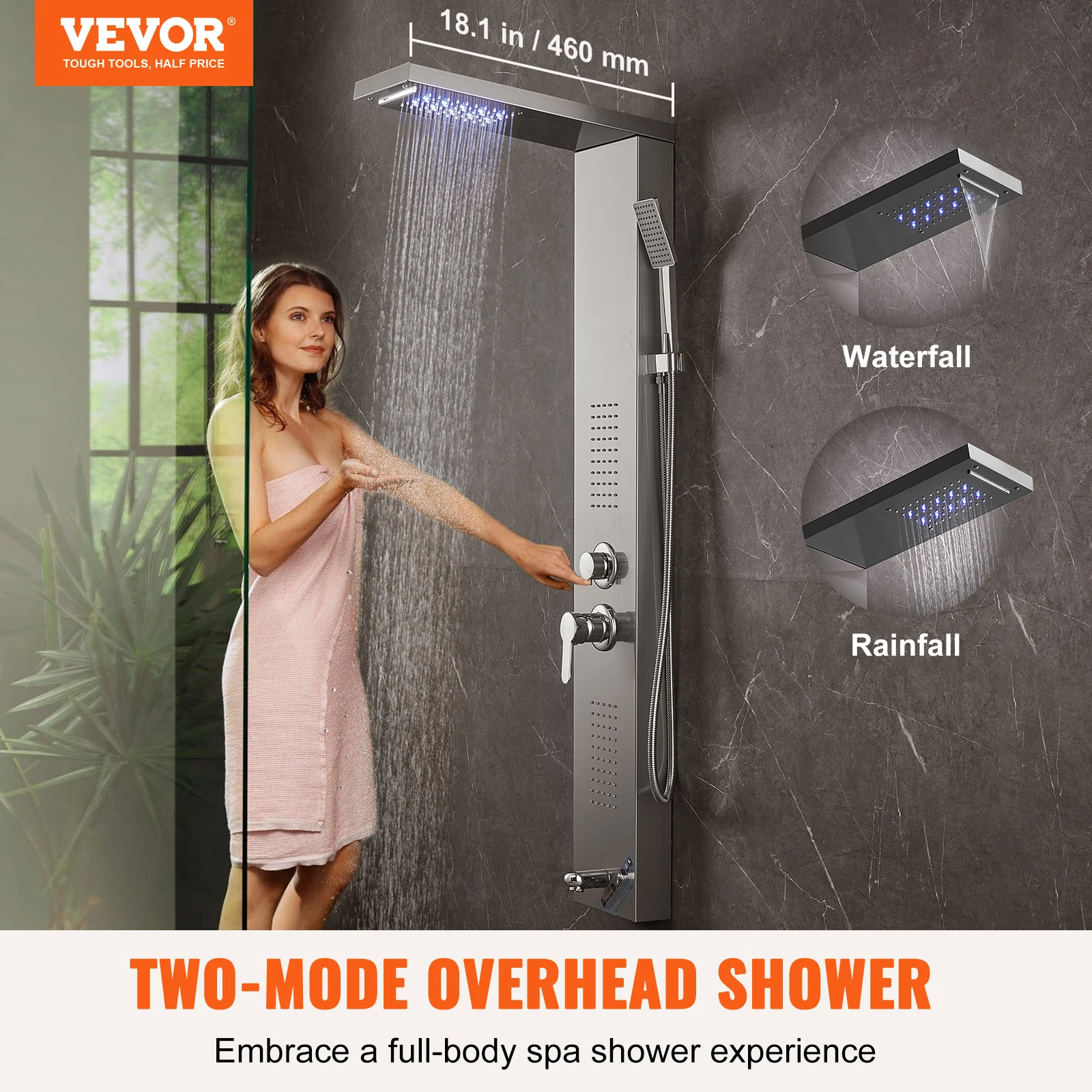 VEVOR LED Shower Panel System Bathroom Waterfall Rain Shower Stainless Steel Wall-Mounted Shower Set W/Body Massage Jets 5 Modes