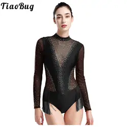 Womens Jazz Dance Performance Costume Latin Salsa Dance Dress Tassel Skirted Patchwork Leotard Bodysuit Skating Gymnastic Dress