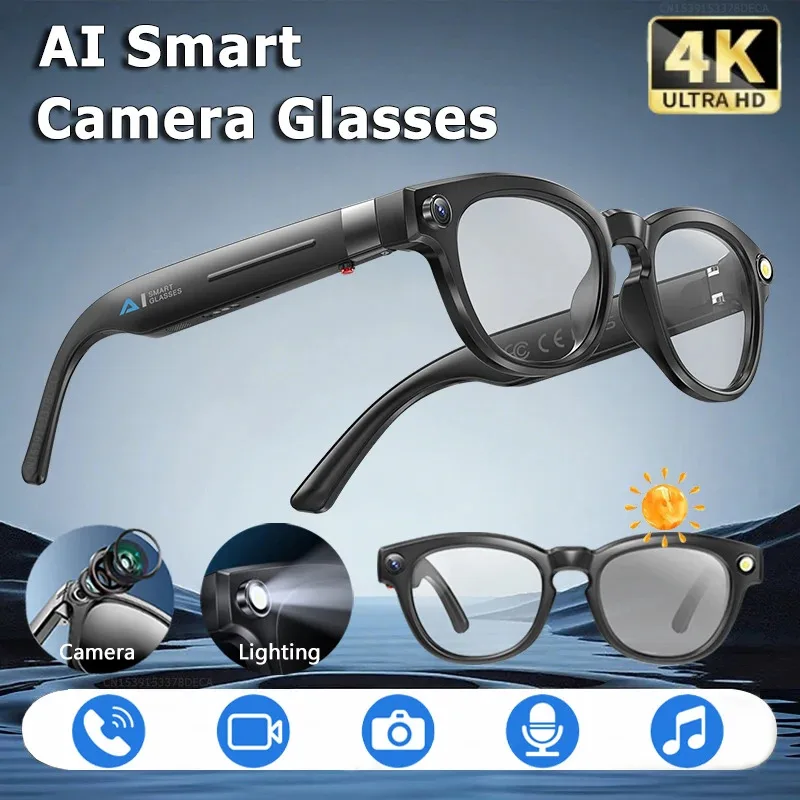 4K AI Smart Camera Glasses 800MP Bluetooth Smart Glasses Call Playing Music Object Recognition AI Translation Multifunction
