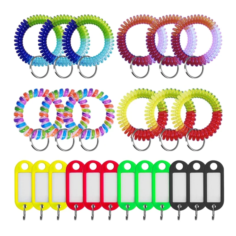 24 Pcs Wrist Keychain Key Tags Set With With Split Ring Label Window, Stretchable Spring Spiral Wristband Coil ID Tags