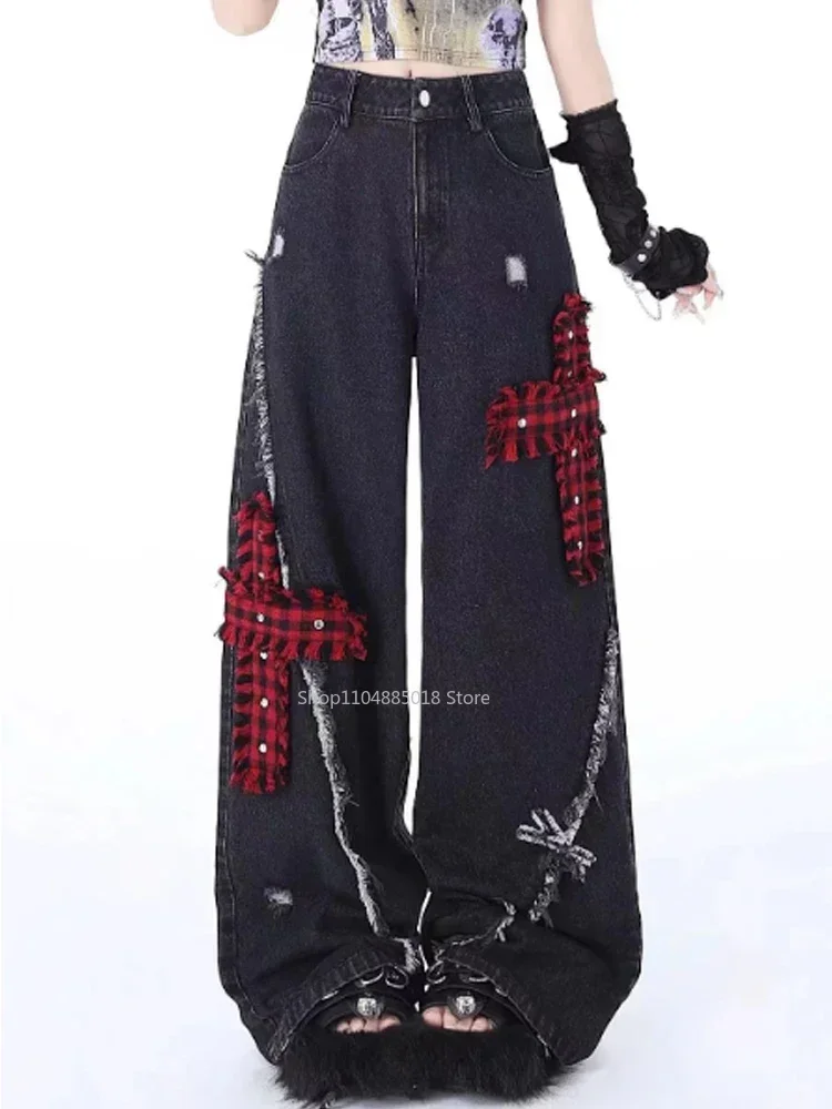 

Black Vintage Gothic Baggy Y2k Jeans Women Red Plaid Streetwear Goth Punk Denim Trousers Harajuku Aesthetic Trashy 2000s Pants