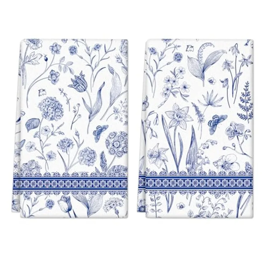 

Кухонные полотенца с цветочным принтом в стиле шинуазри, 2 упаковки сине-белых цветов, впитывающие полотенца для рук 15,7 x 23,6 Ih, декоративные полотенца для дома