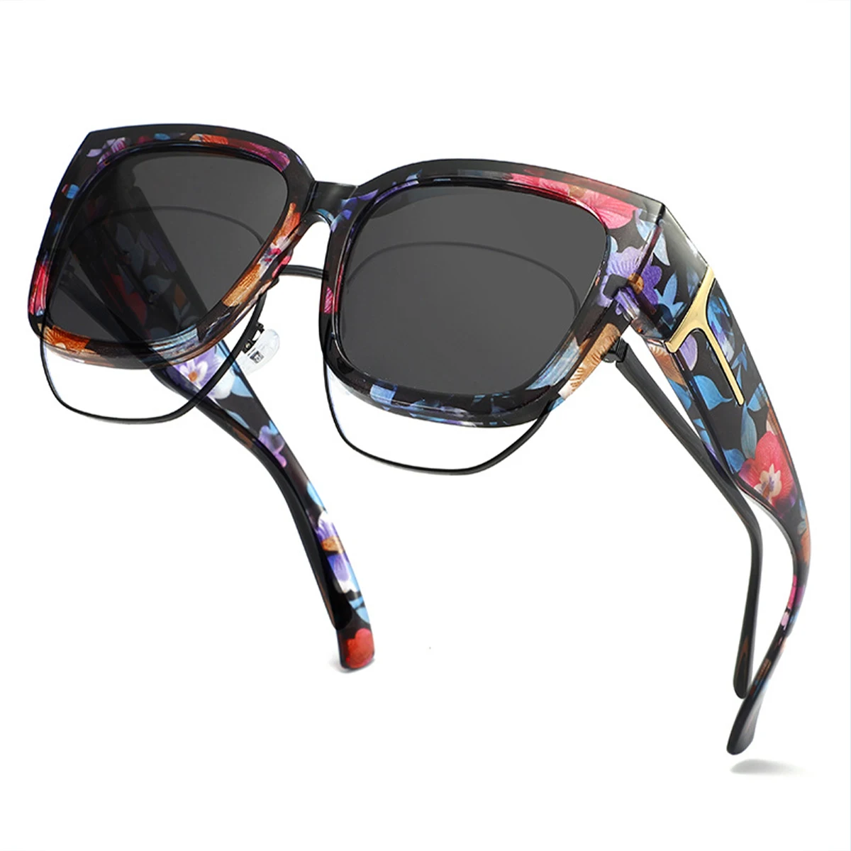 Polarisierte Sonnenbrille zum Überziehen für Damen und Herren, Übergroße Quadratische Wrap-Around-Brille mit UV400-Schutz zum Autofahren T04