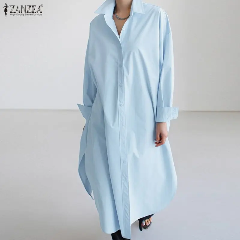 

Модная блузка ZANZEA 2029, женские рубашки, халат, осенний халат с длинными рукавами и пуговицами, повседневные элегантные офисные однотонные длинные топы с лацканами, уличная одежда