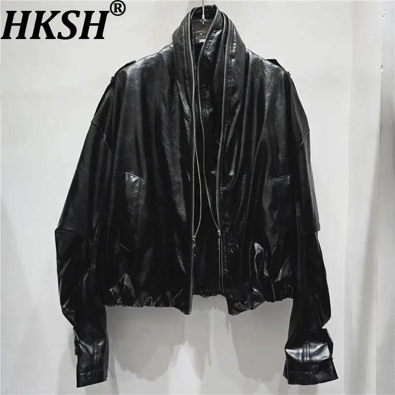 HKSH Women PU Leather Jacket Dark Moto Biker Style Loose Zippers Design Elastic Hem Niche High Street Coat Spring Autumn HK26334