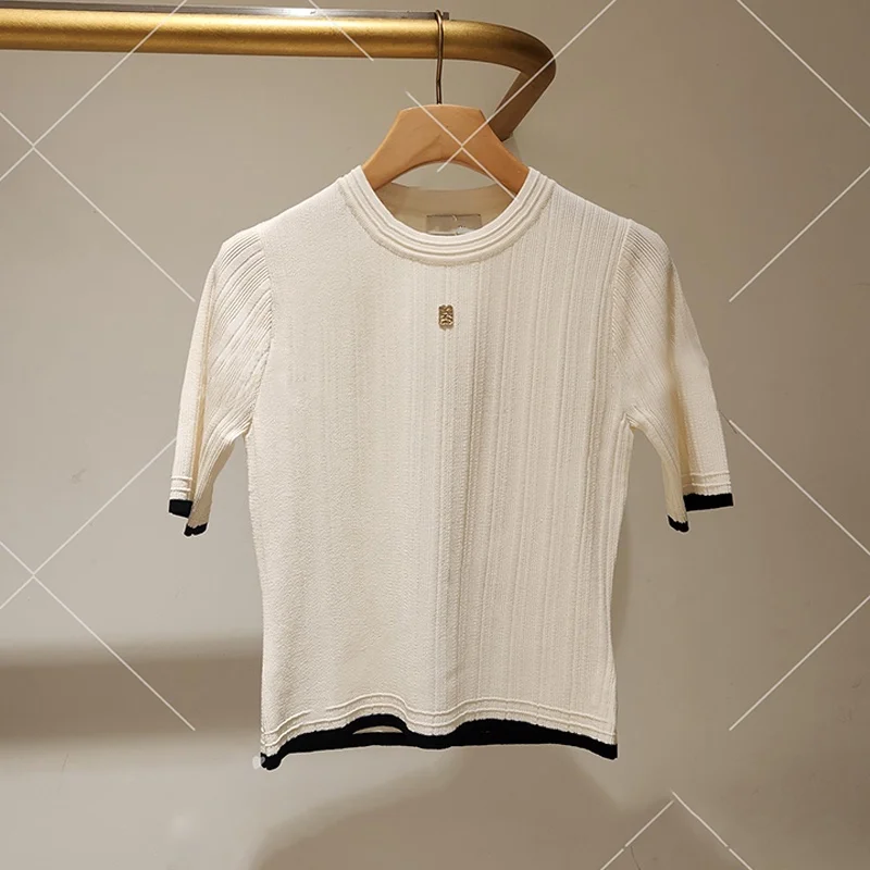 

Slim Fit Knitwear round Ne Color Blo Vertical Stripe Women's Summer Top MICOAT Simple Elegance 2 Colors Selfwill Brand