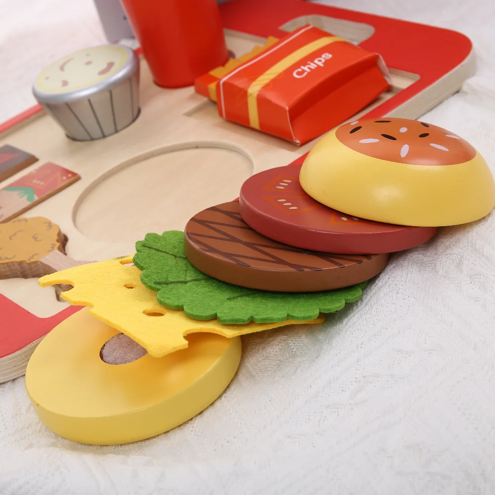 مجموعة مزيج برجر محاكاة خشبية لعبة التظاهر لعبة الطعام للأطفال المطبخ لعبة لعب الأدوار المحاكاة هدية للأطفال