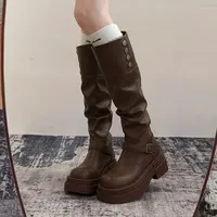 Brown Retro British Style Thick Heel Long Boots Women's New 2025 Spring Autumn Slimming Knight Boots round Toe Rubber Sole