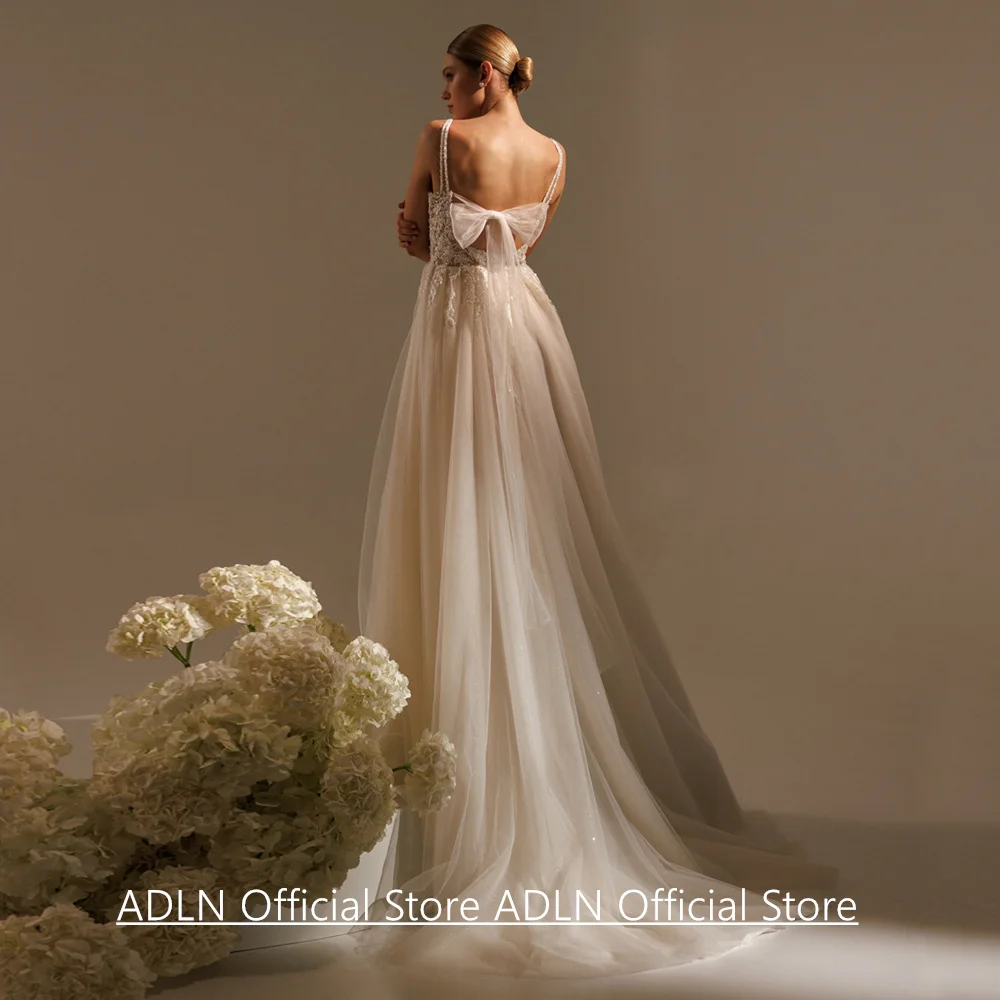 Sexy Zachte Tule Trouwjurk Aangepaste Spaghettibandjes V-hals Kralen Applique Een Lijn Backless Bruidsjurk Robe De Mariee