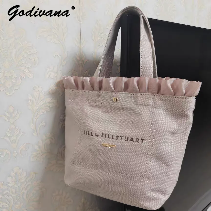 Japanese Style Female Casual Ruffle Small Canvas Shoulder Bags Letter Embroidery Portable Handbag Women\'s Tote Bags