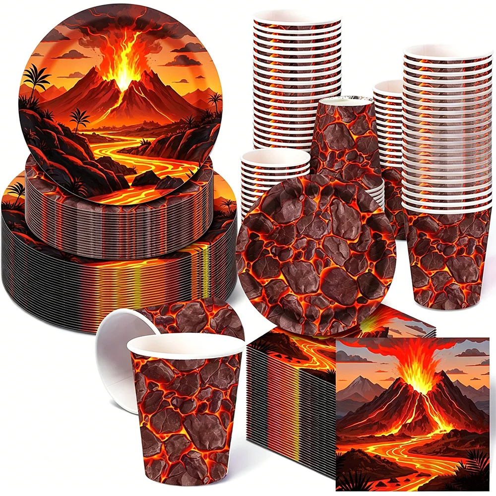 Décorations de fête sur le thème du volcan, vaisselle, assiette en papier, tasse, nappe, fourchette, cuillère, thème de la lave volcanique, fournitures de fête de dinosaure
