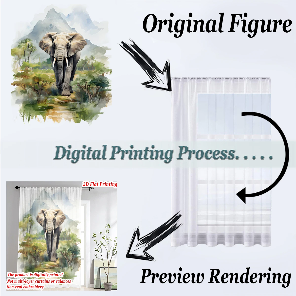 Elephant mountain forest Flat Printing Sheer Curtain，Light Fabric，for Living Room Bedroom Home Door and Window Decor