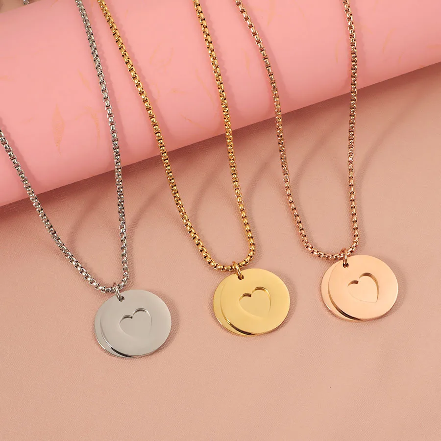 10Pcs/Lot Mirror Polish Stainless Steel Hollow Love Round Disc Pendant Hip Hop Square Pearl Necklace Jewelry Friend Lovers Gift