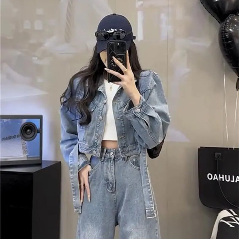 2023 Spring and Autumn New Denim Set Women's Korean Version Temperament Slim Casual Coat Straight Trouser Two Piece Set Fashion