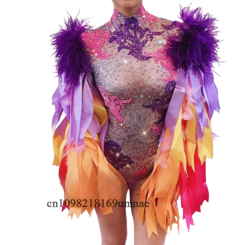 

Colourful Feather Sleeve Rhinestone Bodysuit Women Nightclub Bar Party Outfit Performance Dance Costume Dropshipping
