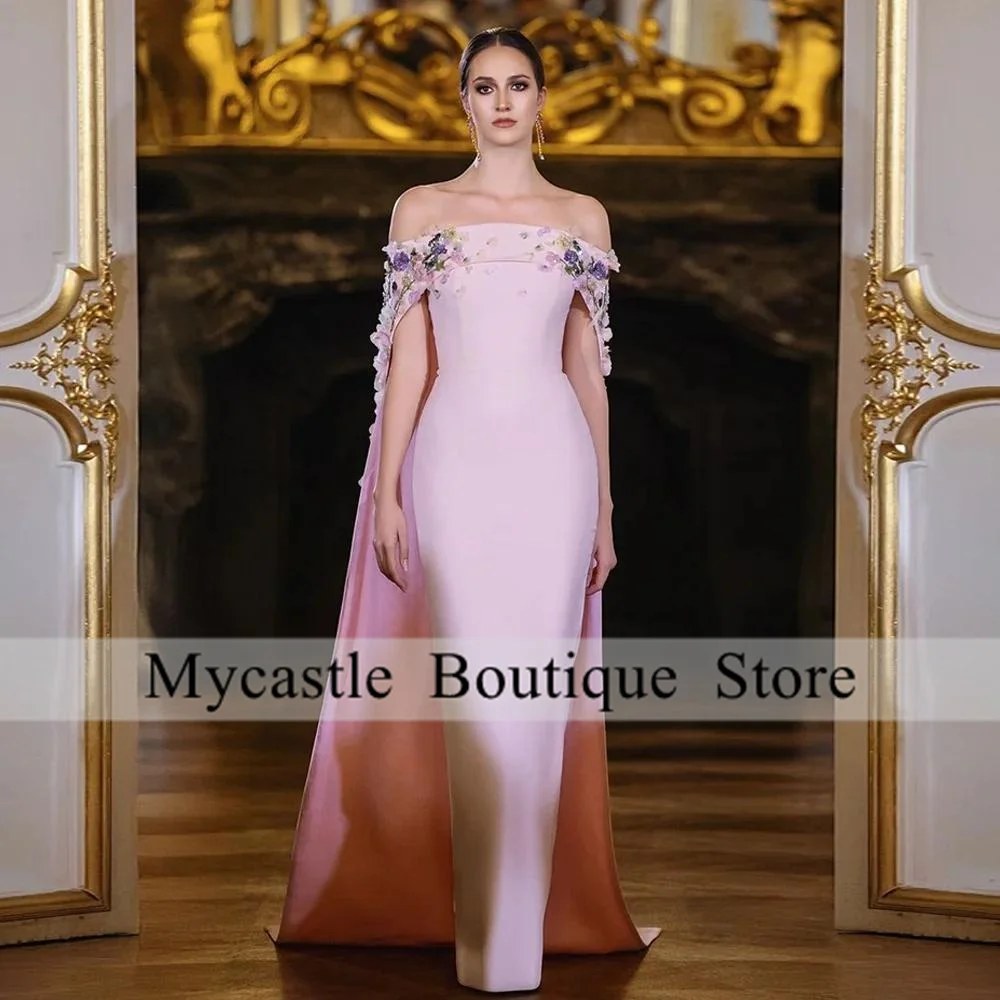 

Pink Saud Evening Dress Arabic Prom Gown Customized Boat Neck Off The Shoulder Flower Cape Special Occasion Dresses فساتين سهرة