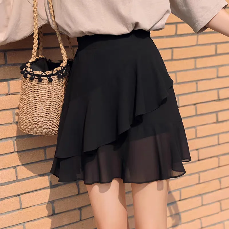 Women High Waist Vintage Ruffled Mini Skirt Boho Summer Sexy Chiffon Skirts Aesthetic Hot Y2k Skirts Solid Color A-line Skirt
