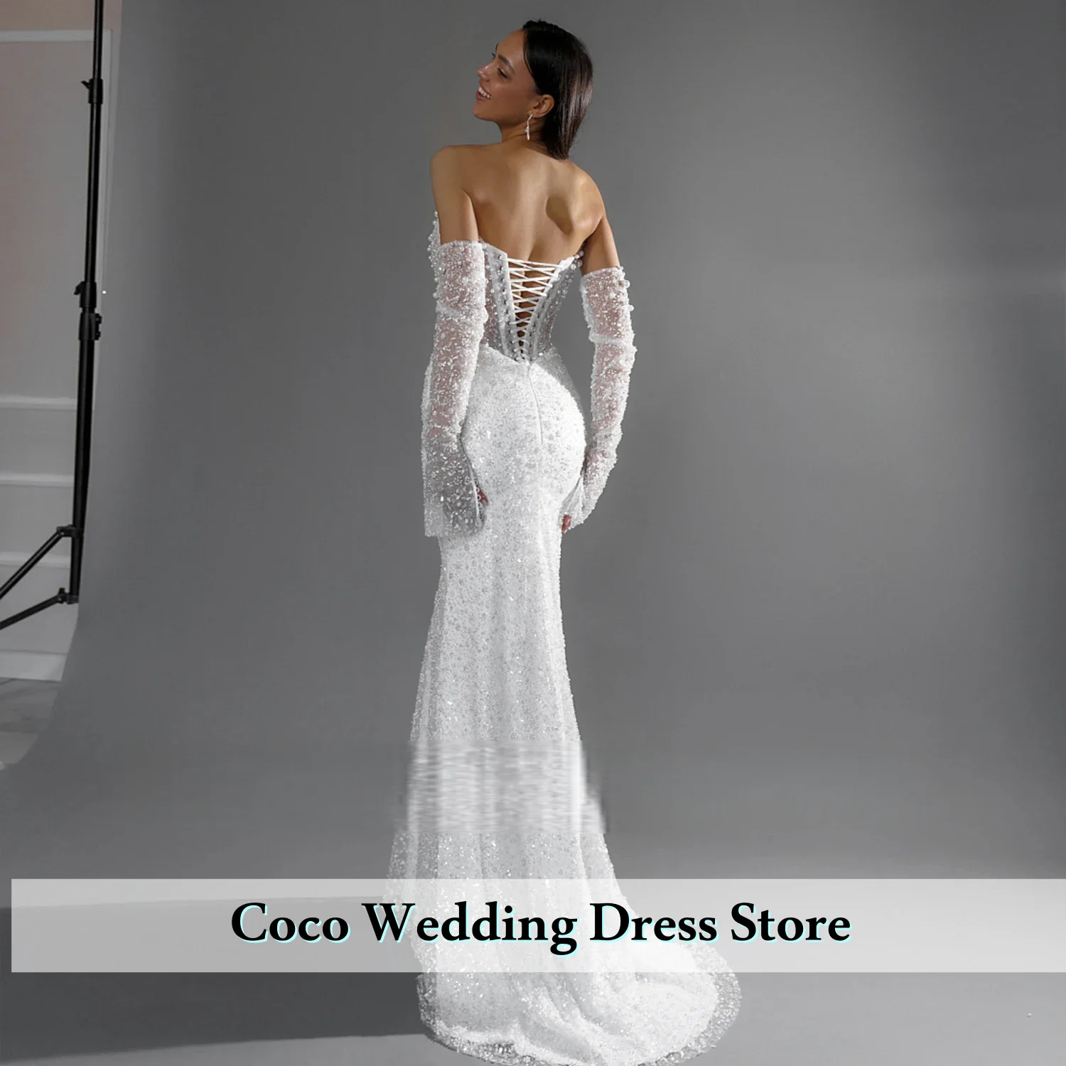 تخصيص رائعة حورية البحر انفصال كم طويل الحبيب الرقبة الدانتيل لامعة الخرز اللؤلؤ الترتر فستان الزفاف