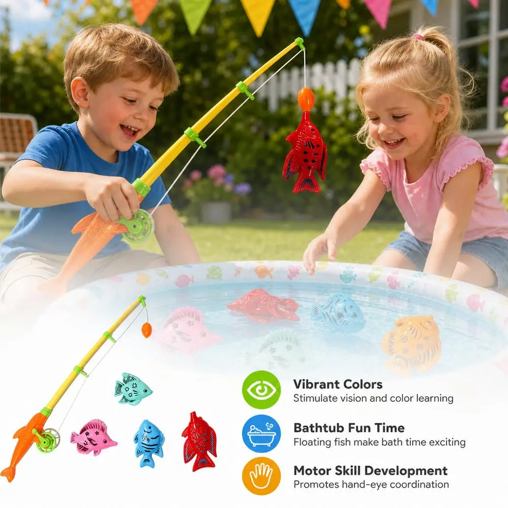 Kids Magnetic Fishing Game Toy Set Retractable Fishing Rod Floating Plastic Fish Bath Pool Water Play Toy For Toddlers Hand Eye