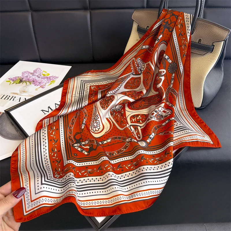New Bandana Designer Silk Square Scarf Women Satin Shawl Wrap Hijab Female Hair Band Wrist Luxury Headkerchief 70*70cm Echarpe