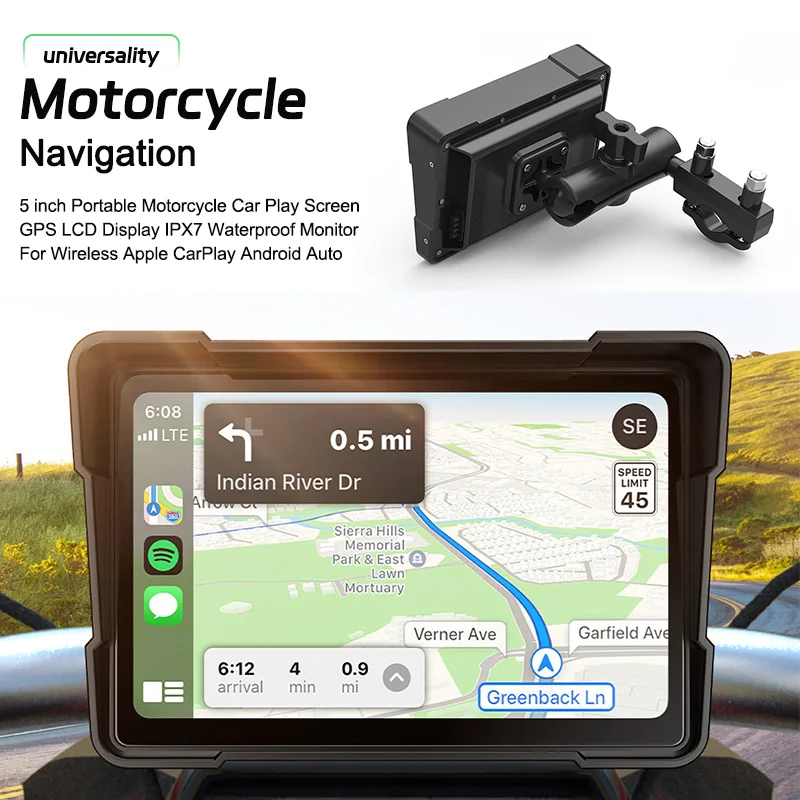 Pantalla LCD portátil de 5 pulgadas para motocicleta, Monitor impermeable IPX7 para Apple Carplay inalámbrico, Android, pantalla de juego para coche