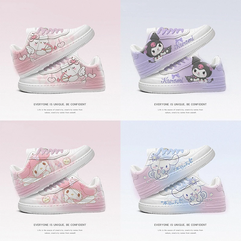 Kawaii Hello Kitty Kuromi moja melodia sneakersy dziecięce casualowe Cinnamoroll urocze buty Y2k nowe jesienne pary buty deskorolkowe prezent